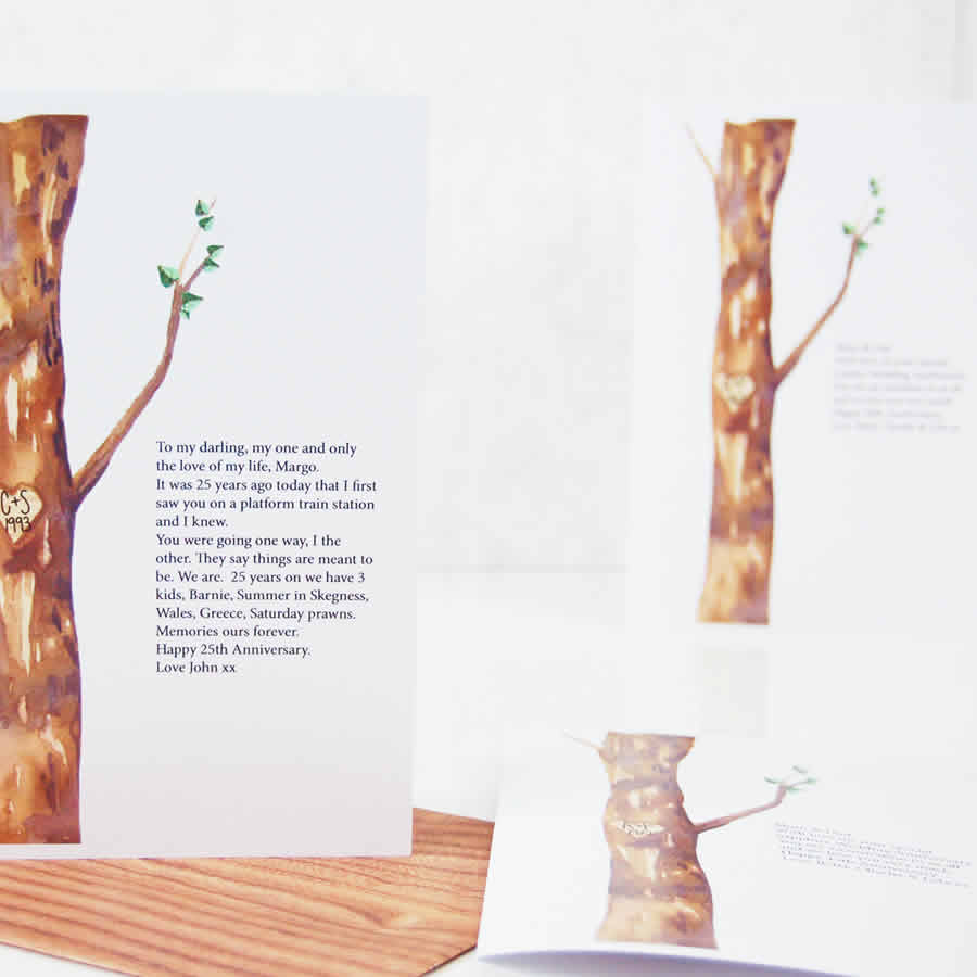 Personalised Watercolour Tree Carved Initials 25th Anniversary Card - theluxeco.co.uk