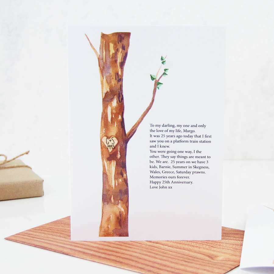 Personalised Watercolour Tree Carved Initials 25th Anniversary Card - theluxeco.co.uk